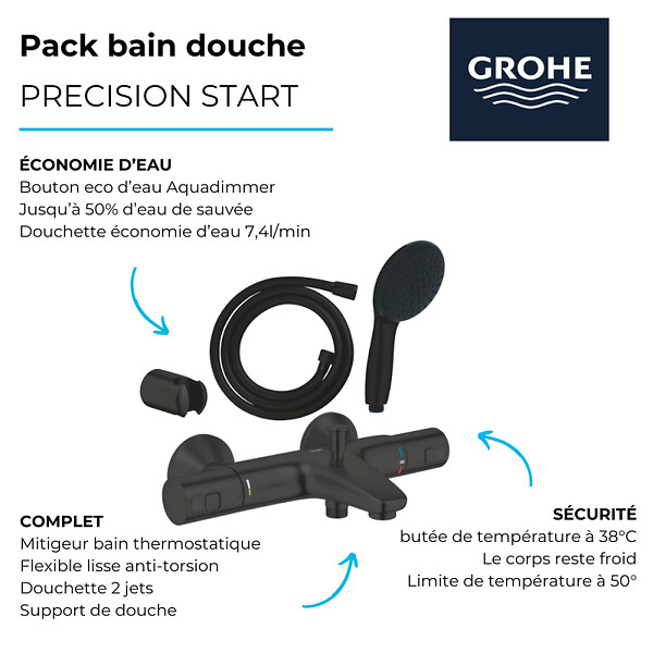 GROHE - Pack mitigeur thermostatique bain douche Precision Start noir mat + Douchette 2 jets Vitalio Start 110 + flexible + support - large