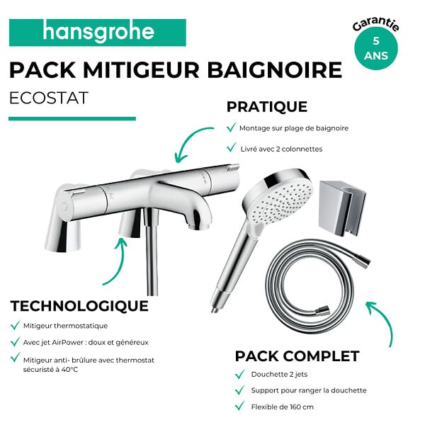 HANSGROHE - Pack mitigeur bain thermostatique Ecostat + Pommeau Crometta EcoSmart + Flexible Isiflex + Support et colonnettes Chromé - large