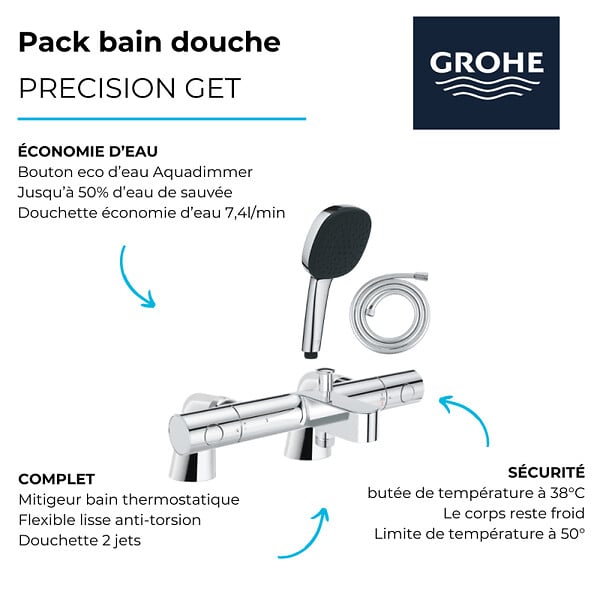 GROHE - Pack mitigeur bain douche thermostatique Precision Get + douchette carré  2 jets + flexible - large