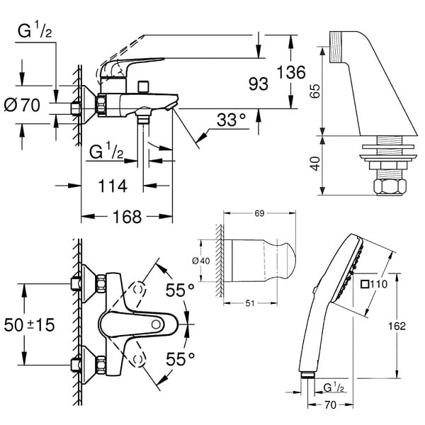 GROHE - Pack mitigeur bain douche mécanique Swift + douchette ronde  2 jets + flexible + support - large