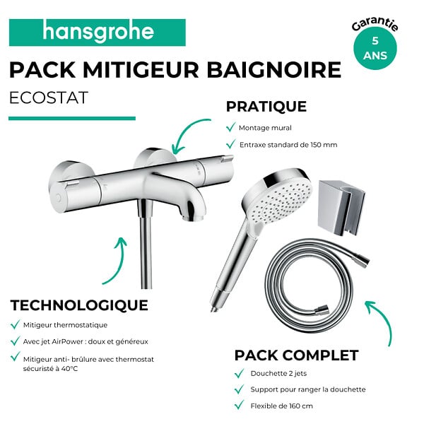 HANSGROHE - Pack mitigeur bain thermostatique Ecostat 1001 + Pommeau Crometta EcoSmart + Flexible Isiflex + Support Chromé - large
