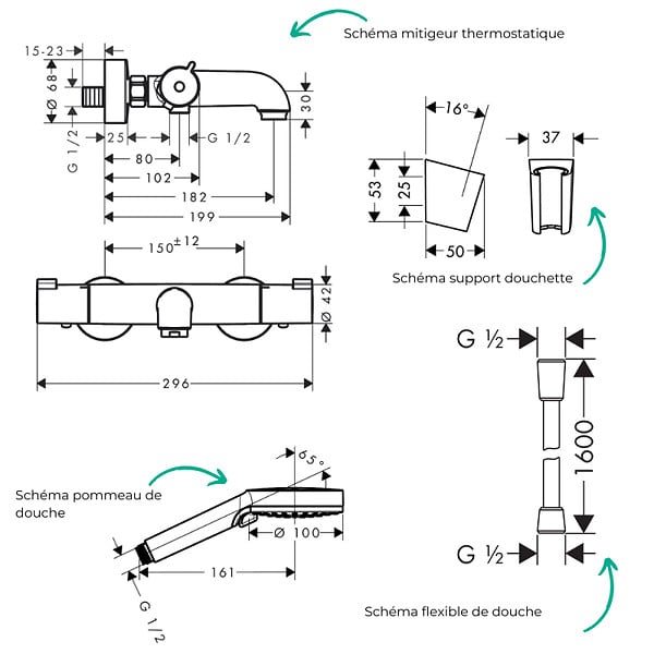HANSGROHE - Pack mitigeur bain thermostatique Ecostat 1001 + Pommeau Crometta EcoSmart + Flexible Isiflex + Support Chromé - large