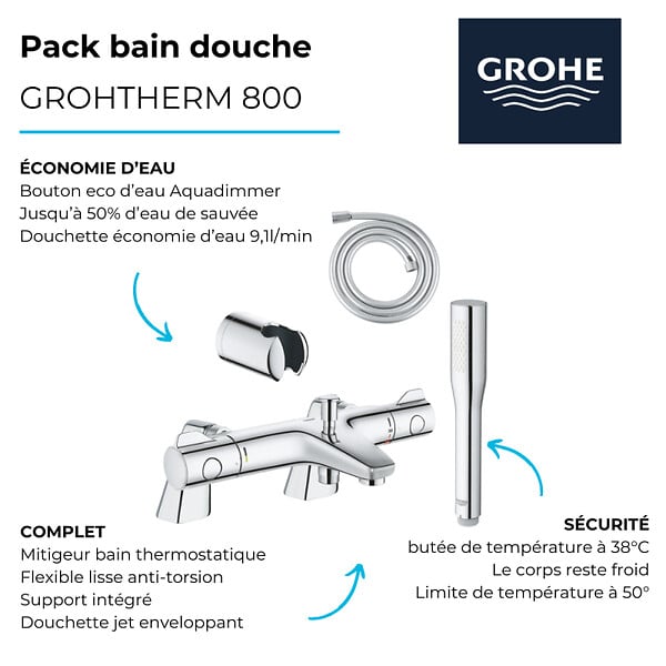 GROHE - Pack mitigeur thermostatique BD Grohtherm 800 avec colonnettes + Douchette 1 jet Vitalio Get Stick + Flexible 1750 mm et support - large
