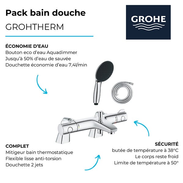 GROHE - Pack mitigeur bain douche thermostatique Grohtherm 800 + douchette ronde  2 jets + flexible - large