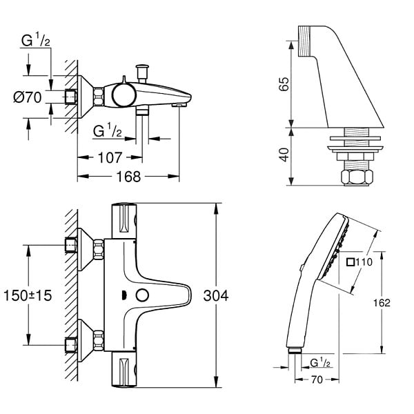 GROHE - Pack mitigeur bain douche thermostatique Grohtherm 800 + douchette ronde  2 jets + flexible - large