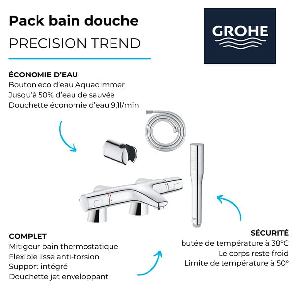 GROHE - Pack mitigeur thermostatique Trend avec colonnettes + Douchette 1 jet Vitalio Get Stick + Flexible 1750 mm et support - large