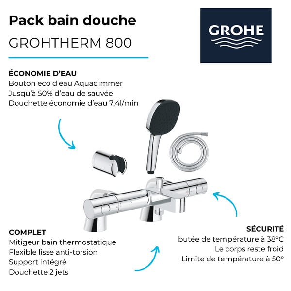 GROHE - Pack mitigeur bain douche thermostatique Grohtherm 800 cosmopolitan + douchette carré  2 jets + flexible + support - large