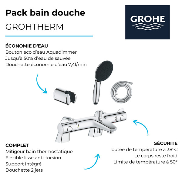 GROHE - Pack mitigeur bain douche thermostatique Grohtherm 800 + douchette ronde  2 jets + flexible + support - large