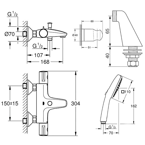 GROHE - Pack mitigeur bain douche thermostatique Grohtherm 800 + douchette ronde  2 jets + flexible + support - large