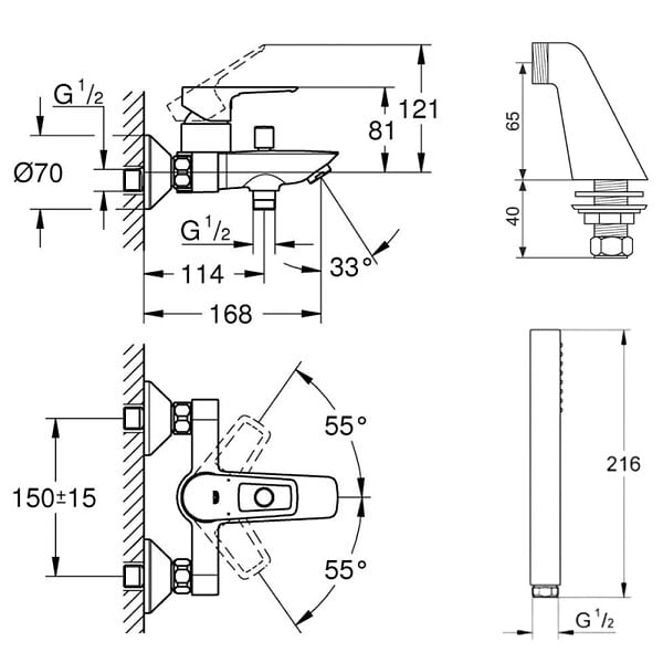 GROHE - Mitigeur mécanique Start Loop avec colonnettes + Douchette 1 jet Vitalio Get Stick + Flexible 1750 mm et support - large