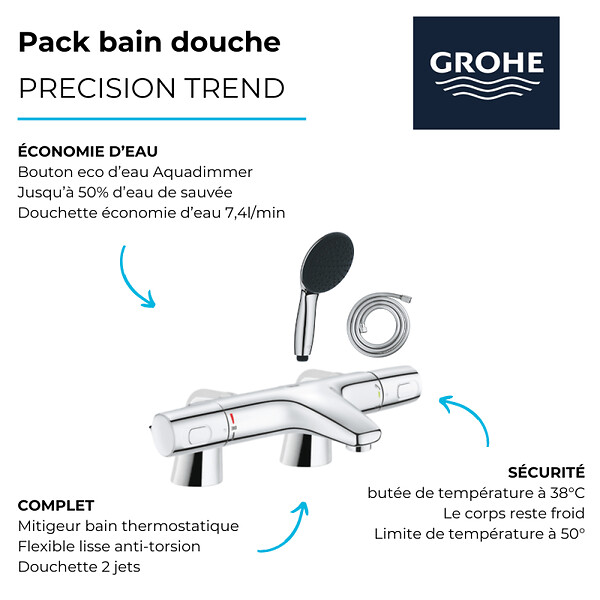 GROHE - Pack mitigeur bain douche thermostatique Precision Trend + douchette ronde 2 jets + flexible - large