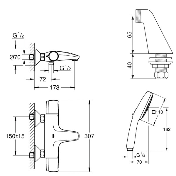 GROHE - Pack mitigeur bain douche thermostatique Precision Trend + douchette ronde 2 jets + flexible - large