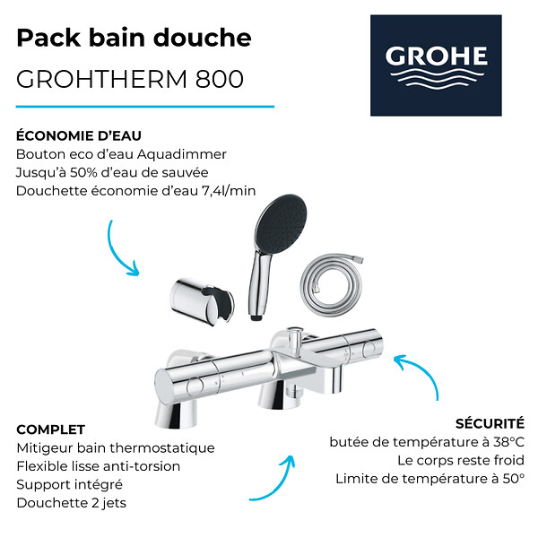GROHE - Pack mitigeur bain douche thermostatique Grohtherm 800 cosmopolitan + douchette ronde  2 jets + flexible + support - large