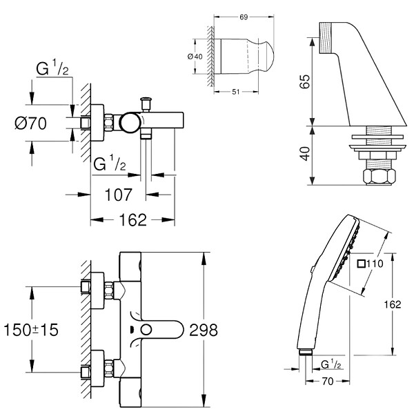 GROHE - Pack mitigeur bain douche thermostatique Grohtherm 800 cosmopolitan + douchette ronde  2 jets + flexible + support - large