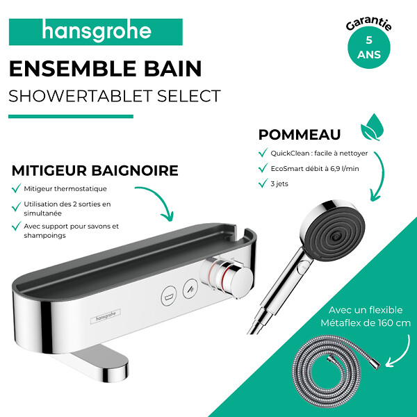 HANSGROHE - Pack mitigeur bain-douche thermostatique ShowerTablet Select + flexible Metaflex + douchette Pulsify Select 3 jets chromé - large