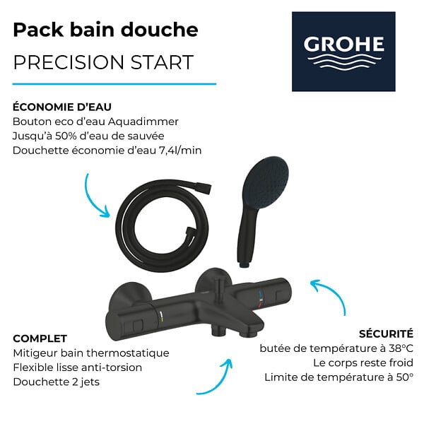 GROHE - Pack mitigeur thermostatique bain douche Precision Start noir mat + Douchette 2 jets Vitalio Start 110 et flexible - large