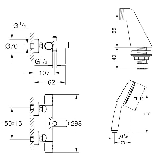 GROHE - Pack mitigeur bain douche thermostatique Precision Get + douchette ronde  2 jets + flexible - large