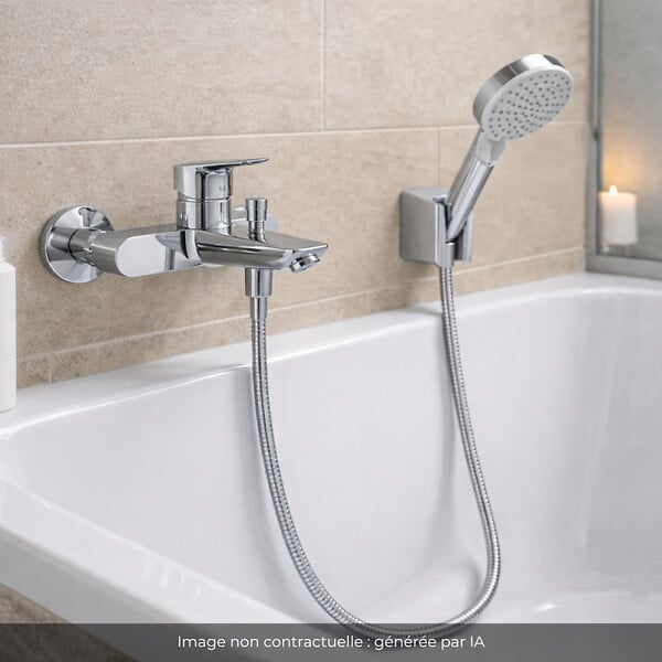 HANSGROHE - Pack mitigeur bain mécanique mural Logis + Pommeau Crometta EcoSmart + Flexible Isiflex + Support Chromé - large
