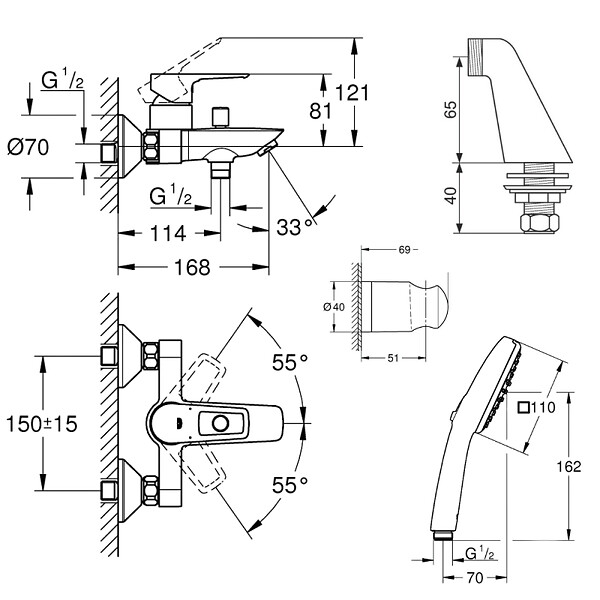 GROHE - Pack mitigeur bain douche mécanique Start Loop + douchette carré  2 jets + flexible + support - large