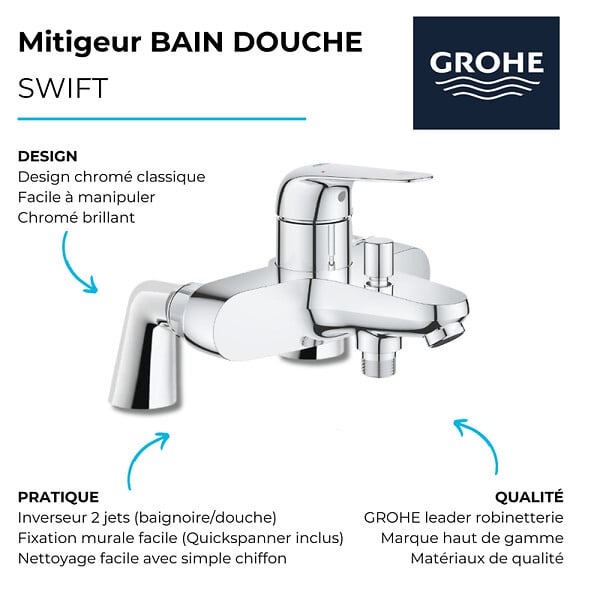 GROHE - Pack mitigeur mécanique Swift avec colonnettes + Douchette 1 jet Vitalio Get Stick + Flexible 1750 mm et support - large