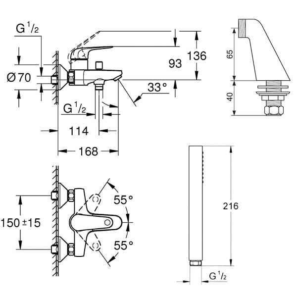 GROHE - Pack mitigeur mécanique Swift avec colonnettes + Douchette 1 jet Vitalio Get Stick + Flexible 1750 mm et support - large