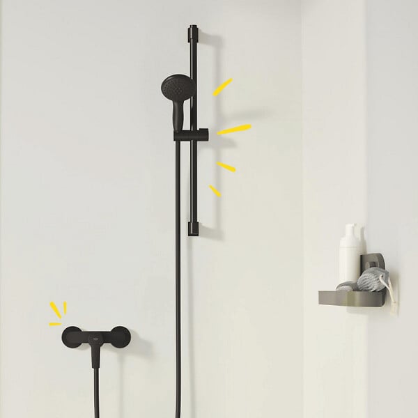 GROHE - Mitigeur douche mécanique start Black + Ensemble de douche 2 jets avec barre Noir + Tablette d'angle - large