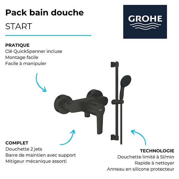 GROHE - Mitigeur douche mécanique start Black + Ensemble de douche 2 jets avec barre Noir + Tablette d'angle - large