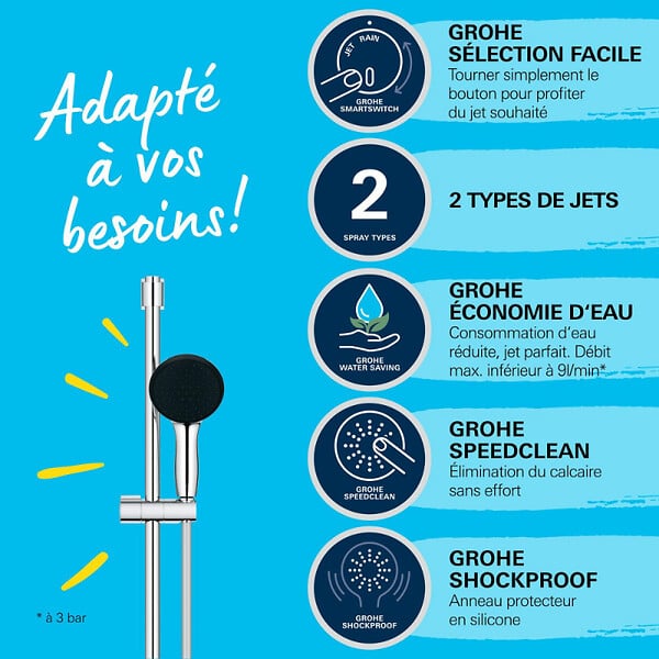 GROHE - Mitigeur douche thermostatique Precision Feel + Ensemble de douche Start 2 jets avec barre + Tablette d'angle - large