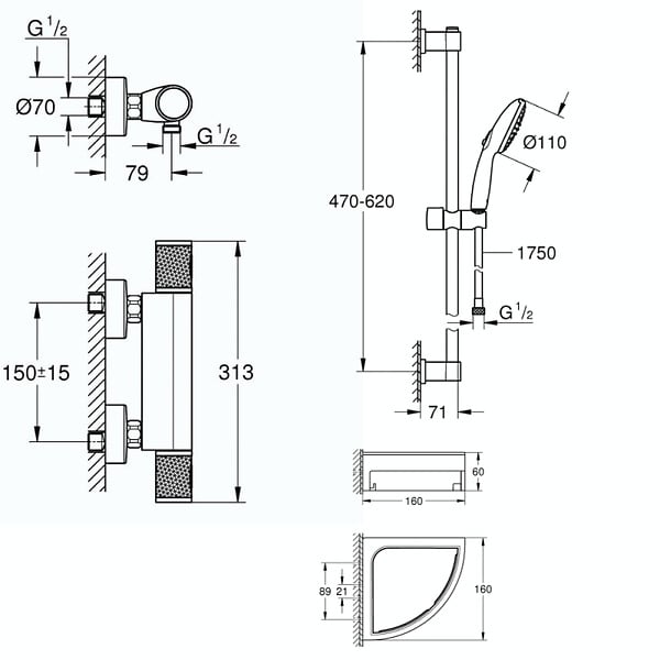 GROHE - Mitigeur douche thermostatique Precision Feel + Ensemble de douche Start 2 jets avec barre + Tablette d'angle - large
