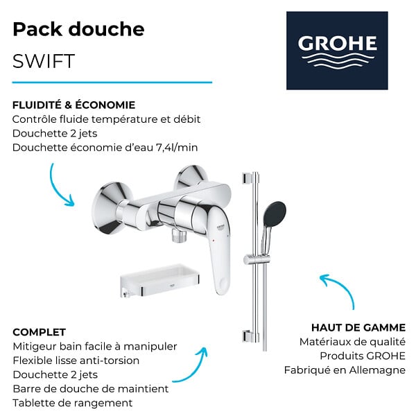 GROHE - Mitigeur douche mécanique Swift 2023 + Ensemble de douche 2 jets avec barre + Panier douche - large