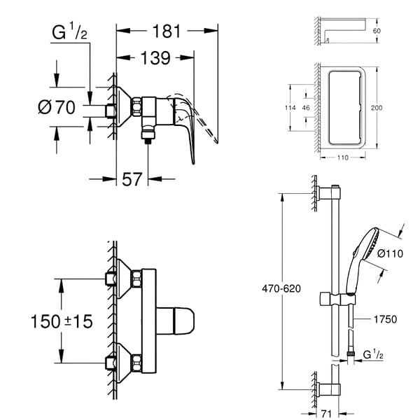GROHE - Mitigeur douche mécanique Swift 2023 + Ensemble de douche 2 jets avec barre + Panier douche - large