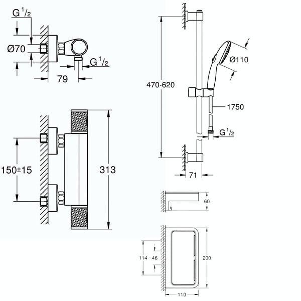 GROHE - Mitigeur douche thermostatique Precision Feel + Ensemble de douche Start 2 jets avec barre + Panier douche - large