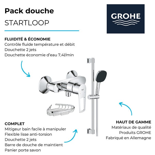GROHE - Pack mitigeur douche mécanique StartLoop + Ensemble  de douche 2 jets avec barre + Panier porte-savon - large