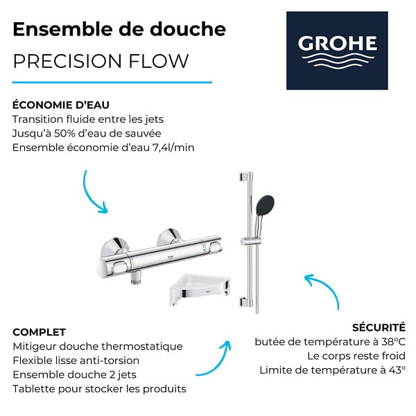 GROHE - Mitigeur douche thermostatique Precision Flow + Ensemble de douche 2 jets et barre +Tablette d'angle - large