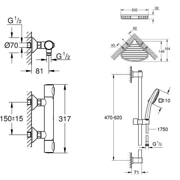 GROHE - Mitigeur douche thermostatique Precision Flow + Ensemble de douche 2 jets et barre +Tablette d'angle - large