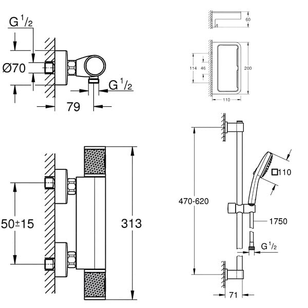 GROHE - Mitigeur douche thermostatique Precision Feel + Ensemble de douche 2 jets avec barre + Panier douche - large