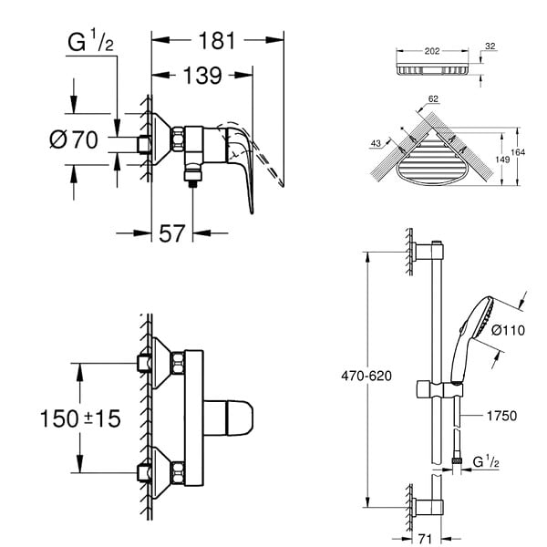 GROHE - Mitigeur douche mécanique Swift 2023 + Ensemble de douche 2 jets avec barre + Panier porte-savon - large
