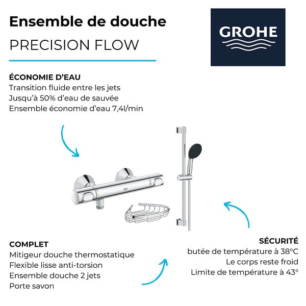 GROHE - Mitigeur douche thermostatique Precision Flow + Ensemble de douche 2 jets avec barre + Porte-savon - large