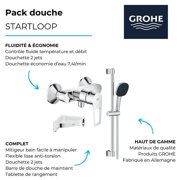 GROHE - Pack mitigeur douche mécanique StartLoop + Ensemble de douche 2 jets avec barre + Tablette de douche d'angle - large