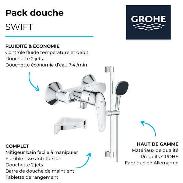 GROHE - Pack douche mécanique Swift 2023 avec ensemble de douche Vitalio Comfort 110 et tablette en angle - large