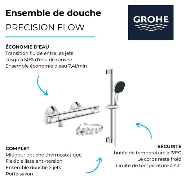GROHE - Mitigeur douche thermostatique Precision Flow + Ensemble de dche 2 jets et barre +Tablette angle - large