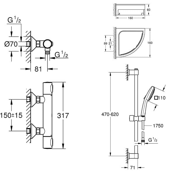 GROHE - Mitigeur douche thermostatique Precision Flow + Ensemble de dche 2 jets et barre +Tablette angle - large