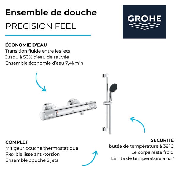 GROHE - Mitigeur douche thermostique  Precision Feel + Ensemble de douche 2 jets avec barre Chromé - large