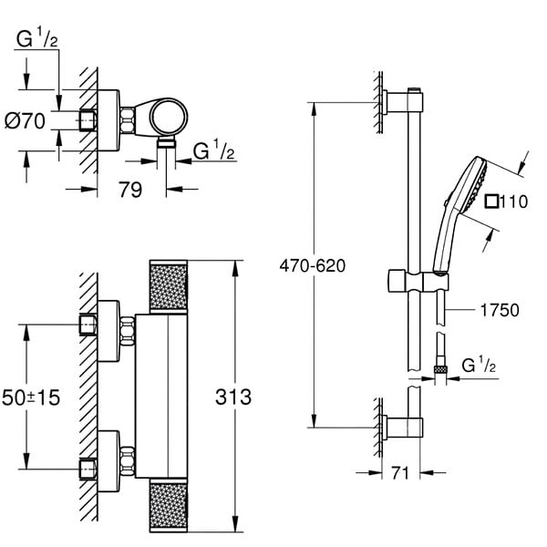 GROHE - Mitigeur douche thermostique  Precision Feel + Ensemble de douche 2 jets avec barre Chromé - large
