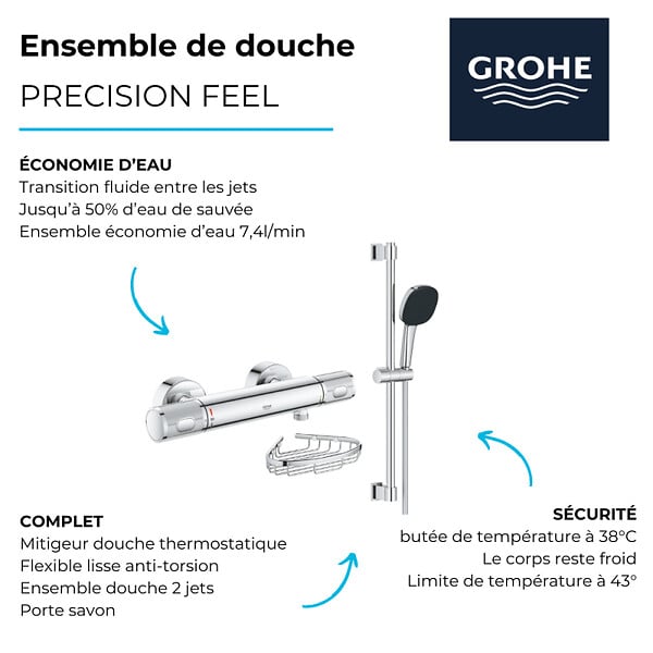 GROHE - Mitigeur douche thermostatique Precision Feel + Ensemble de douche 2 jets avec barre + Panier porte-savon - large