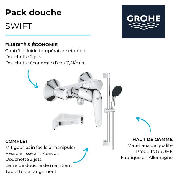 GROHE - Mitigeur douche mécanique Swift 2023 + Ensemble de douche 2 jets avec barre + Tablette de douche d'angle - large