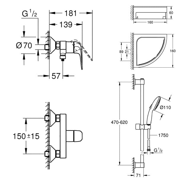 GROHE - Mitigeur douche mécanique Swift 2023 + Ensemble de douche 2 jets avec barre + Tablette de douche d'angle - large
