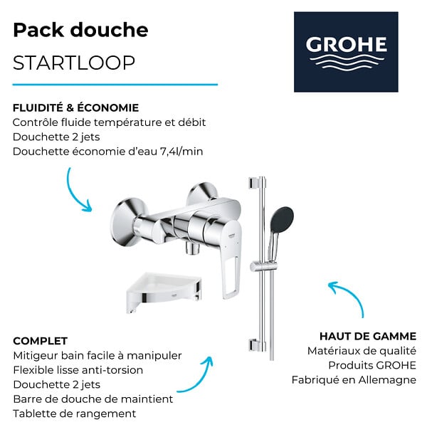 GROHE - Pack mitigeur douche mécanique StartLoop + Ensemble de douche Start 2 jets avec barre + Tablette de douche d'angle - large