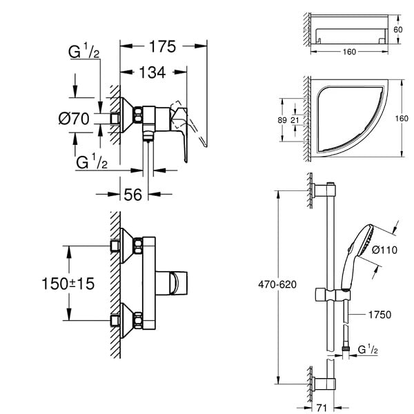 GROHE - Pack mitigeur douche mécanique StartLoop + Ensemble de douche Start 2 jets avec barre + Tablette de douche d'angle - large
