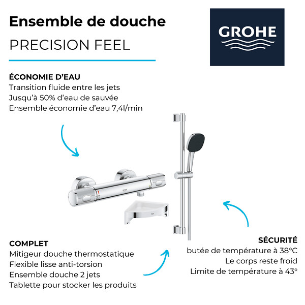 GROHE - Mitigeur douche thermostatique Precision Feel + Ensemble de douche 2 jets avec barre + Tablette d'angle - large